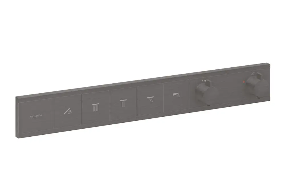 Schwarzes Bedienpanel für Thermostat mit mehreren Steuerungselementen von Hansgrohe, geeignet für die Steuerung von fünf Verbrauchern.